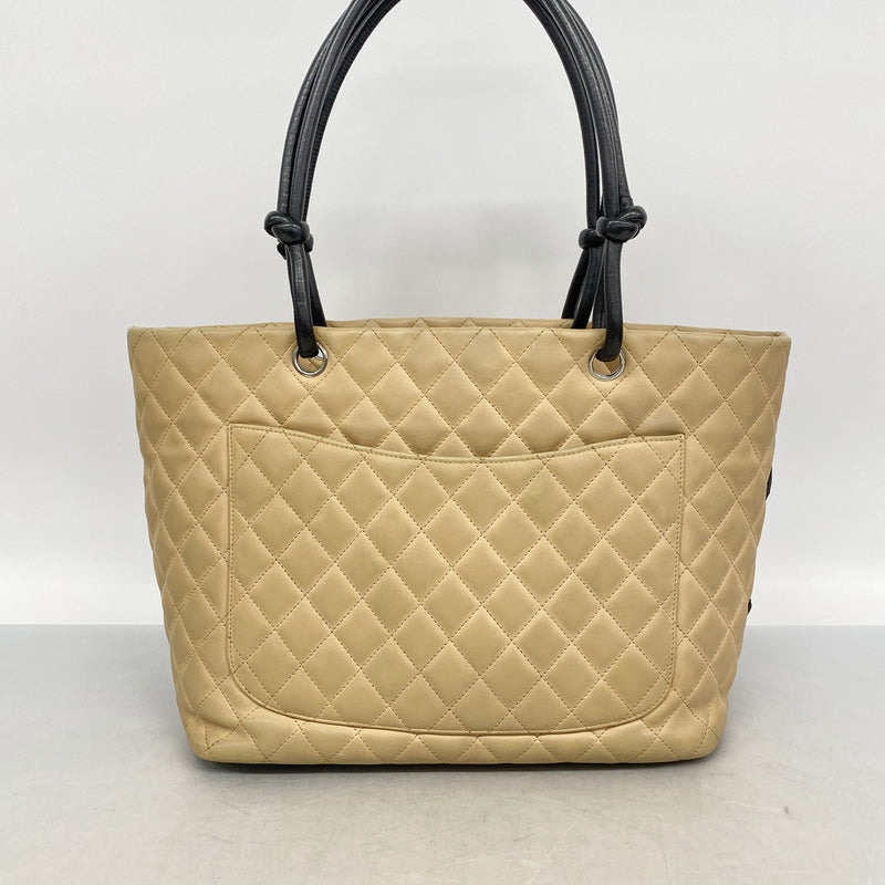 【6ie7341-h】シャネル トートバッグ カンボン ラムスキン ベージュ ブラック シルバー金具【中古】レディース