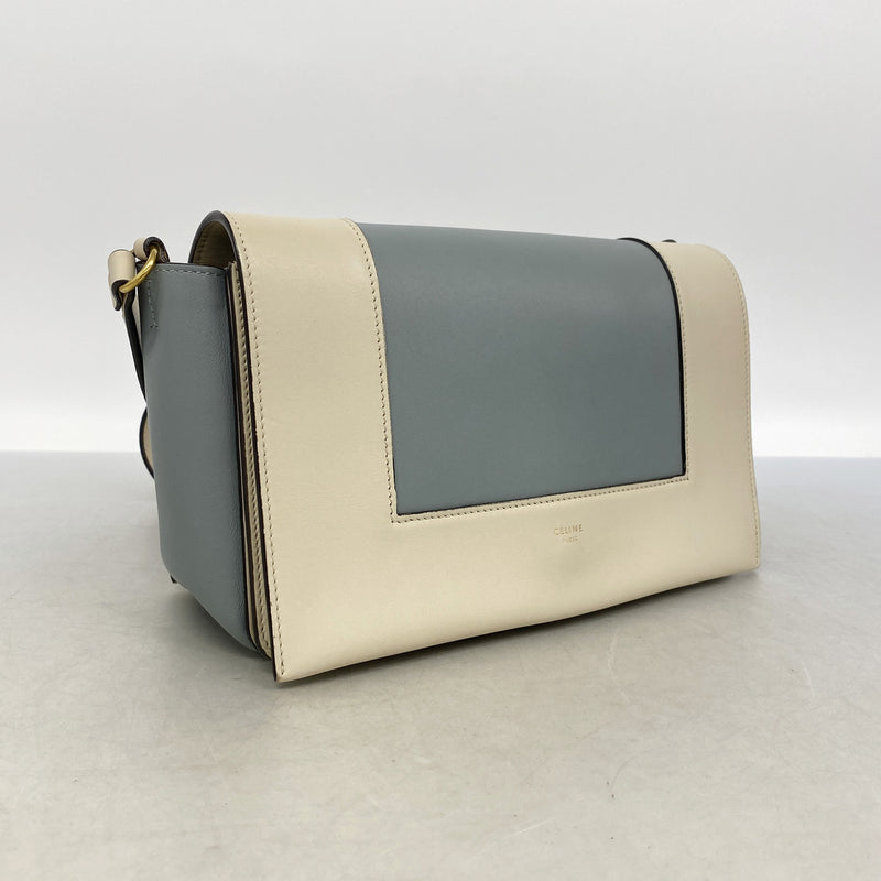 【6ie7362】セリーヌ ショルダーバッグ フレーム レザー アイボリー ダスティブルー ゴールド金具【中古】レディース