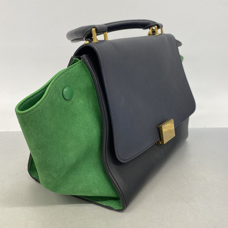 【6ie7372】セリーヌ ハンドバッグ トラペーズ レザー ブラック グリーン ゴールド金具 2wayバッグ【中古】レディース