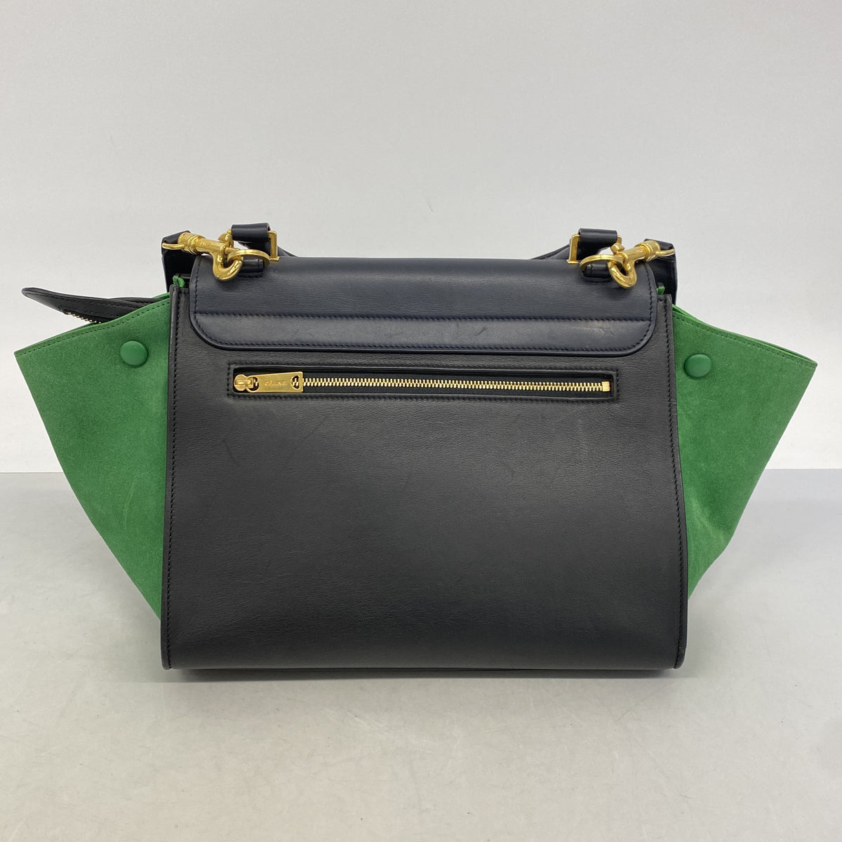 【6ie7372】セリーヌ ハンドバッグ トラペーズ レザー ブラック グリーン ゴールド金具 2wayバッグ【中古】レディース