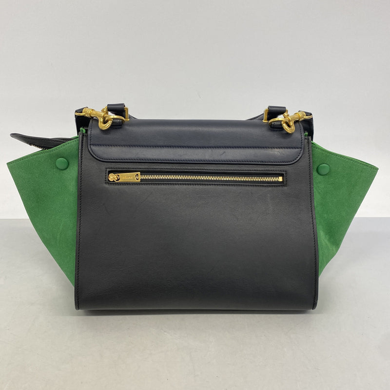 【6ie7372】セリーヌ ハンドバッグ トラペーズ レザー ブラック グリーン ゴールド金具 2wayバッグ【中古】レディース