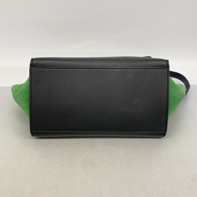 【6ie7372】セリーヌ ハンドバッグ トラペーズ レザー ブラック グリーン ゴールド金具 2wayバッグ【中古】レディース