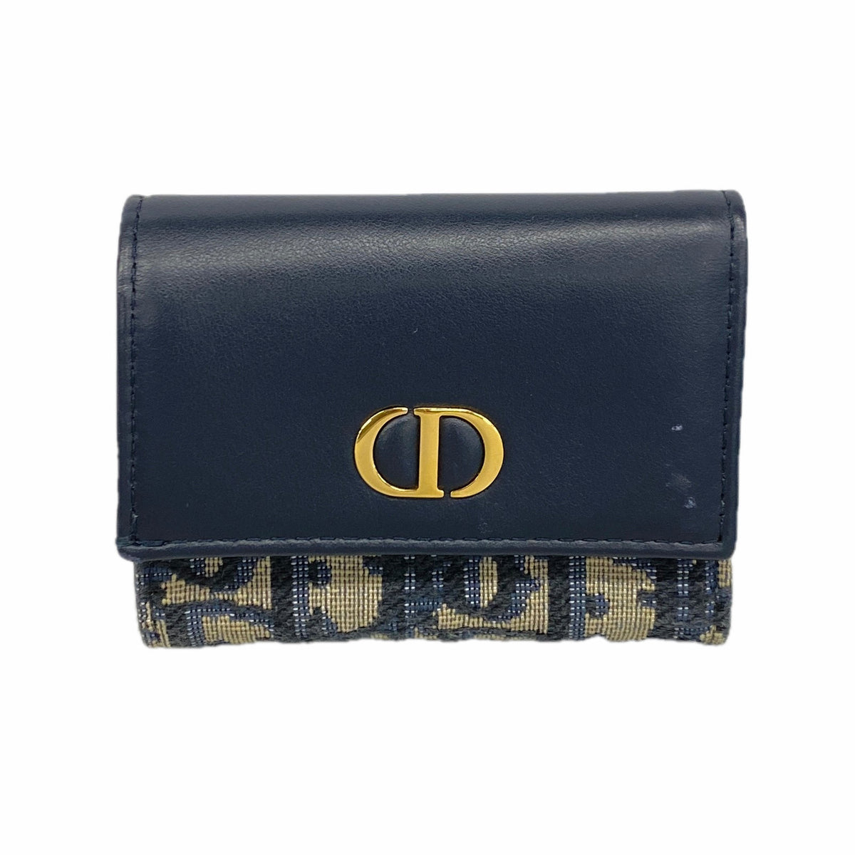 【6ie7381】クリスチャンディオール 三つ折り財布 トロッター キャンバス ネイビー ベージュ ゴールド金具【中古】レディース