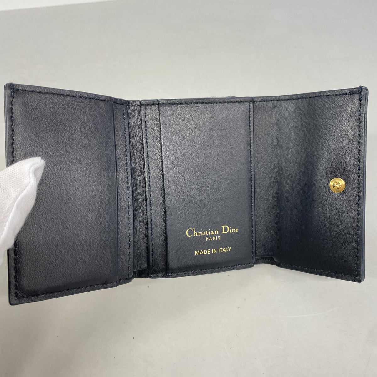 【6ie7381】クリスチャンディオール 三つ折り財布 トロッター キャンバス ネイビー ベージュ ゴールド金具【中古】レディース