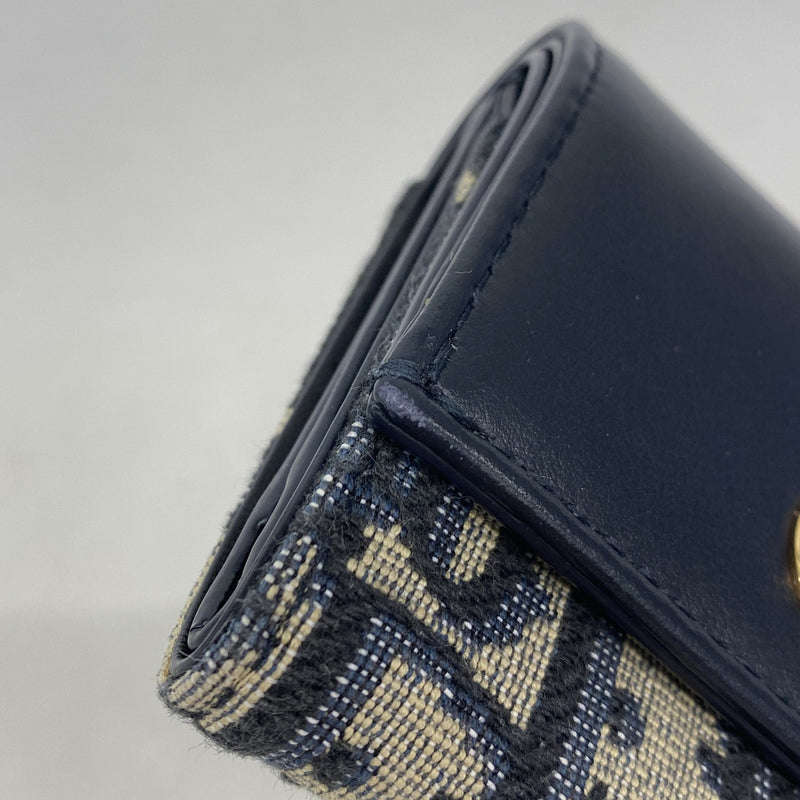 【6ie7381】クリスチャンディオール 三つ折り財布 トロッター キャンバス ネイビー ベージュ ゴールド金具【中古】レディース