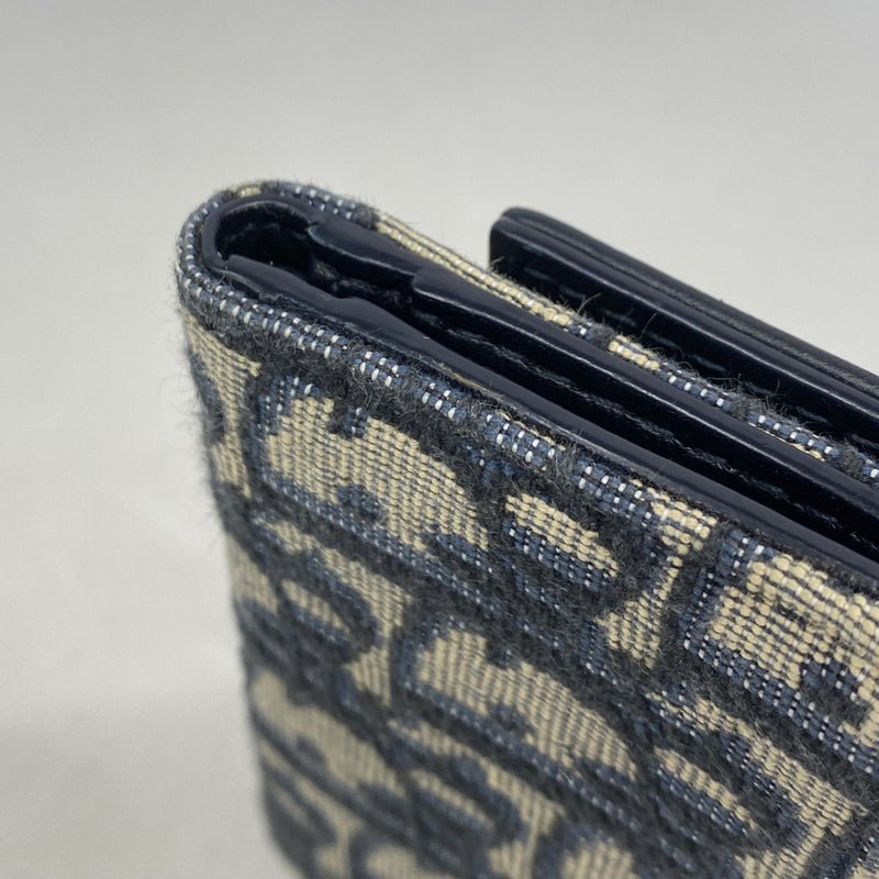 【6ie7381】クリスチャンディオール 三つ折り財布 トロッター キャンバス ネイビー ベージュ ゴールド金具【中古】レディース