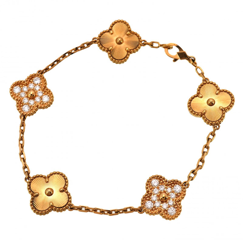 【6jcb0125】ヴァンクリーフ＆アーペル ブレスレット ヴィンテージ アルハンブラ ギヨシェ K18YG イエローゴールド ダイヤモンド【中古】レディース