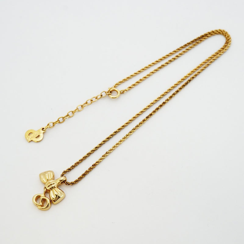 ★SALE【6jdb0573-k】クリスチャンディオール ネックレス CDロゴ リボンモチーフ GPメッキ ゴールド【中古】レディース
