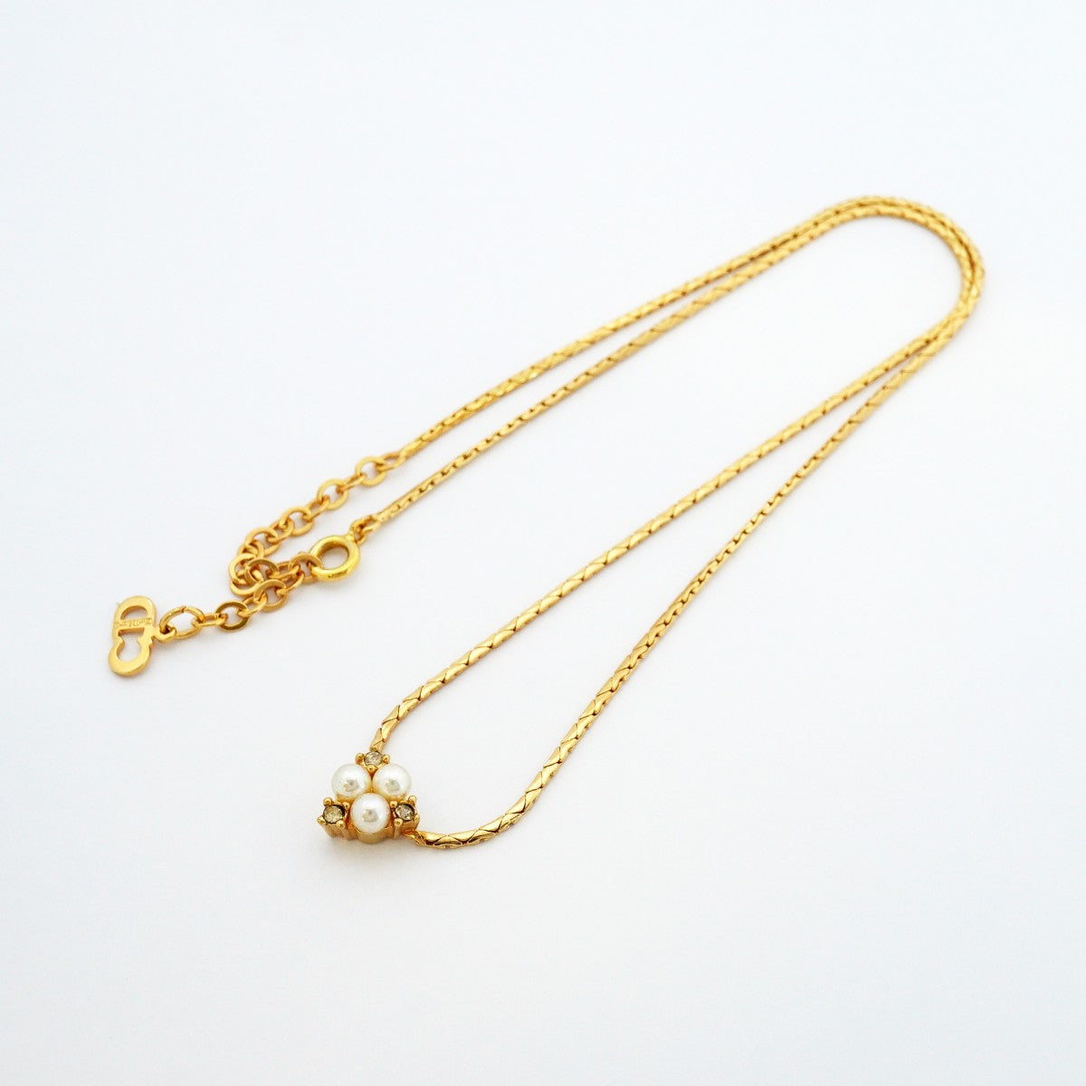 【6jeb0421】クリスチャンディオール ネックレス GPメッキ フェイクパール ラインストーン ゴールド【中古】レディース