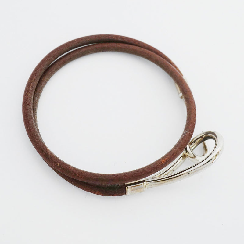 【6jeb0675-k】エルメス ブレスレット ジャンボフック メタル レザー シルバー ブラウン【中古】レディース