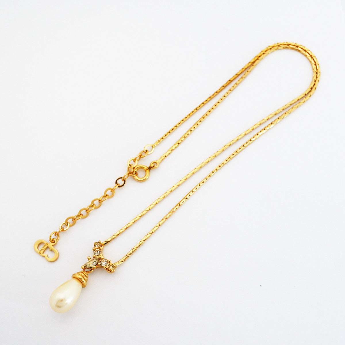 【6jfb0018】クリスチャンディオール ネックレス GPメッキ フェイクパール ラインストーン ゴールド【中古】レディース