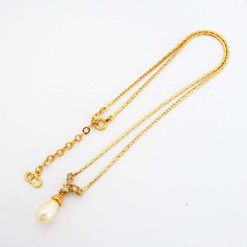 【6jfb0018】クリスチャンディオール ネックレス GPメッキ フェイクパール ラインストーン ゴールド【中古】レディース