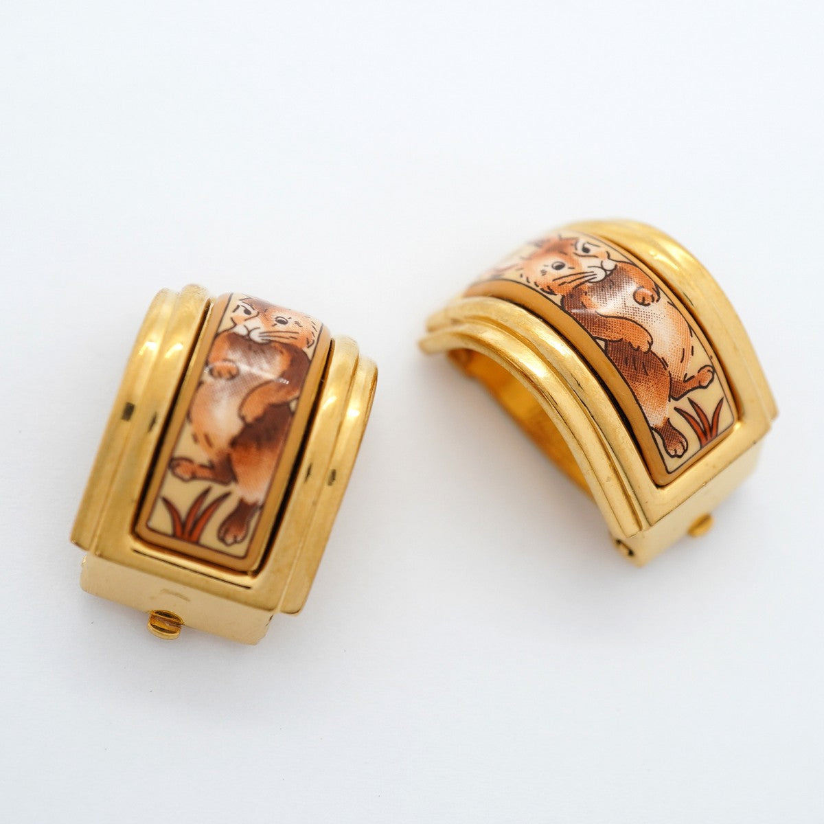 【6jfb1007-k】エルメス イヤリング エマイユ うさぎモチーフ GPメッキ 七宝焼き ゴールド オレンジ【中古】レディース