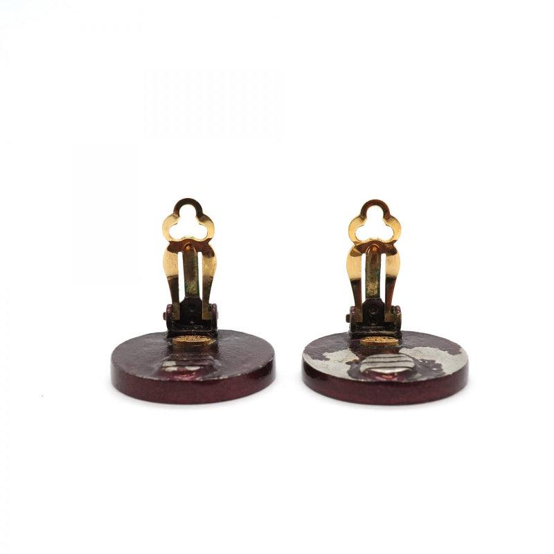 【6jgb0221-k】シャネル イヤリング ココマーク 丸型 サークル GPメッキ レザー ゴールド レッド【中古】レディース