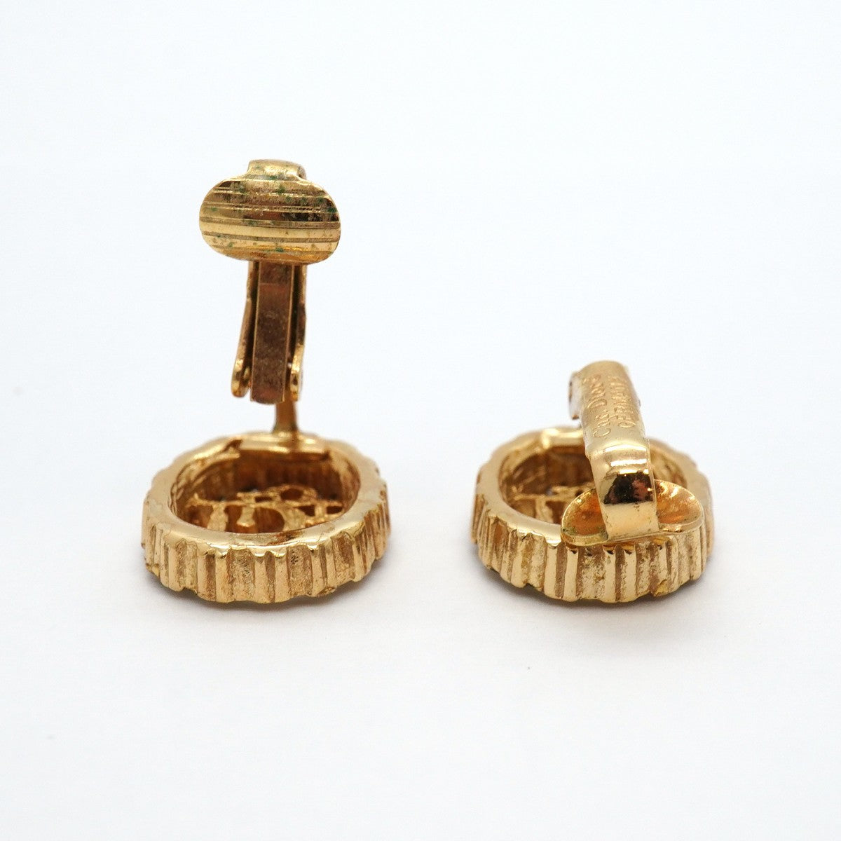 【6jgb0246-k】クリスチャンディオール イヤリング ディオールロゴ オーバル GPメッキ ラインストーン ゴールド【中古】レディース