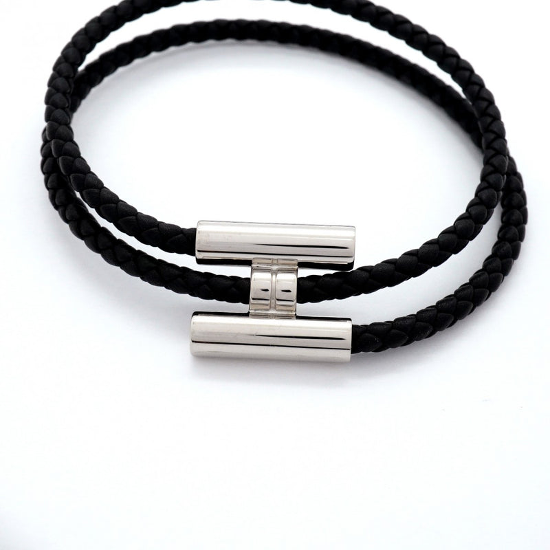 【6jgb0248-k】エルメス ブレスレット トゥルニ メタル レザー シルバー ブラック【中古】メンズ レディース ユニセックス