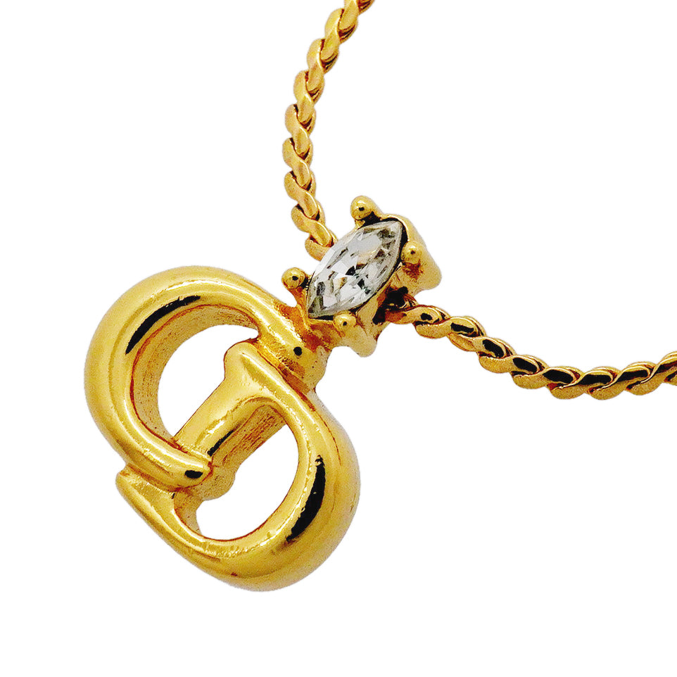 【6jgb0436-k】クリスチャンディオール ネックレス CDロゴ GPメッキ ラインストーン ゴールド【中古】レディース