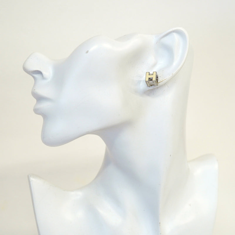 【6jhb0364】エルメス ピアス Hキューブ カージュドアッシュ メタル シルバー アイボリー【中古】レディース