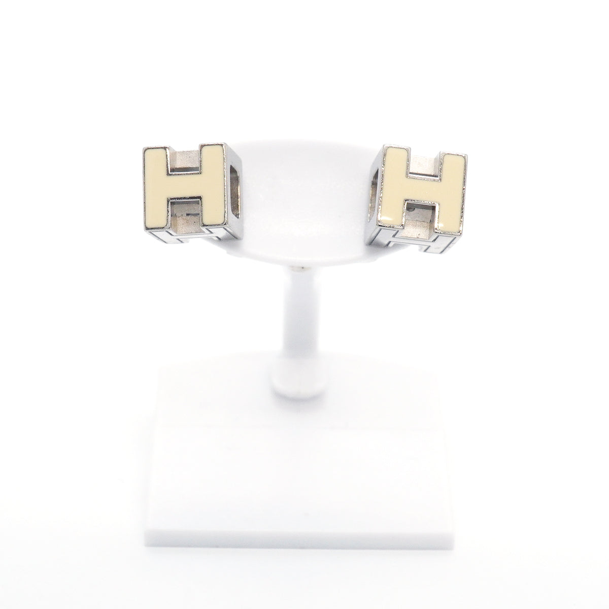 【6jhb0364】エルメス ピアス Hキューブ カージュドアッシュ メタル シルバー アイボリー【中古】レディース