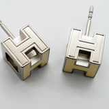 【6jhb0364】エルメス ピアス Hキューブ カージュドアッシュ メタル シルバー アイボリー【中古】レディース