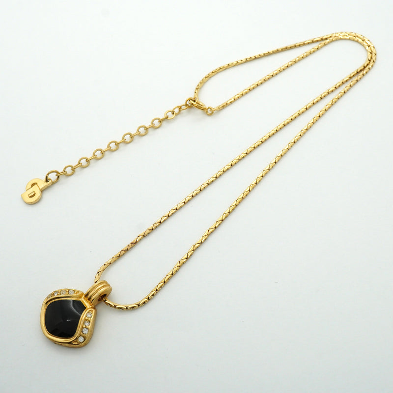 【6jhb0803】クリスチャンディオール ネックレス GPメッキ ラインストーン ゴールド ブラック【中古】レディース