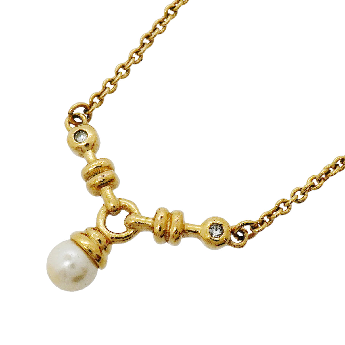 【6jib0068】クリスチャンディオール ネックレス GPメッキ フェイクパール ラインストーン ゴールド【中古】レディース