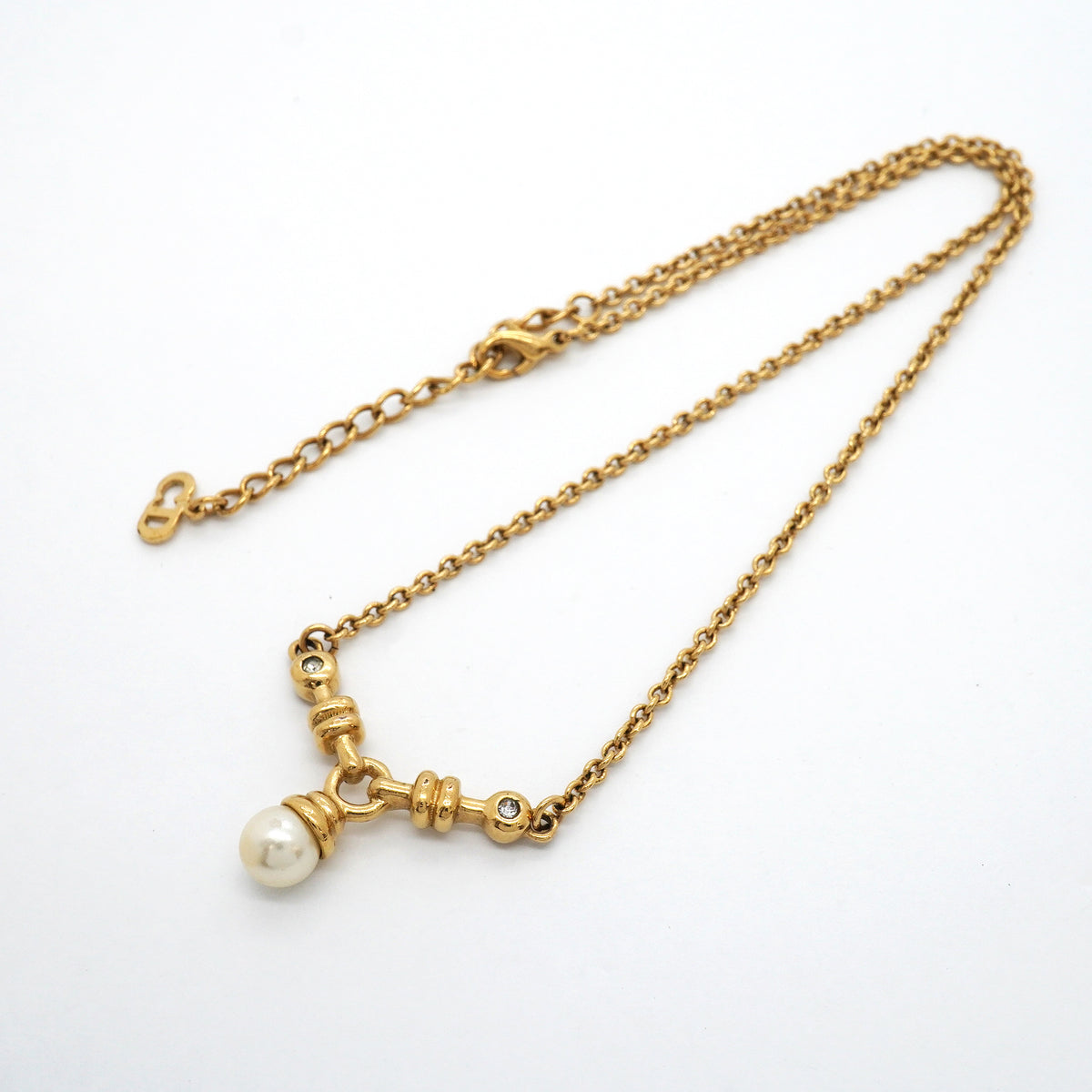 【6jib0068】クリスチャンディオール ネックレス GPメッキ フェイクパール ラインストーン ゴールド【中古】レディース