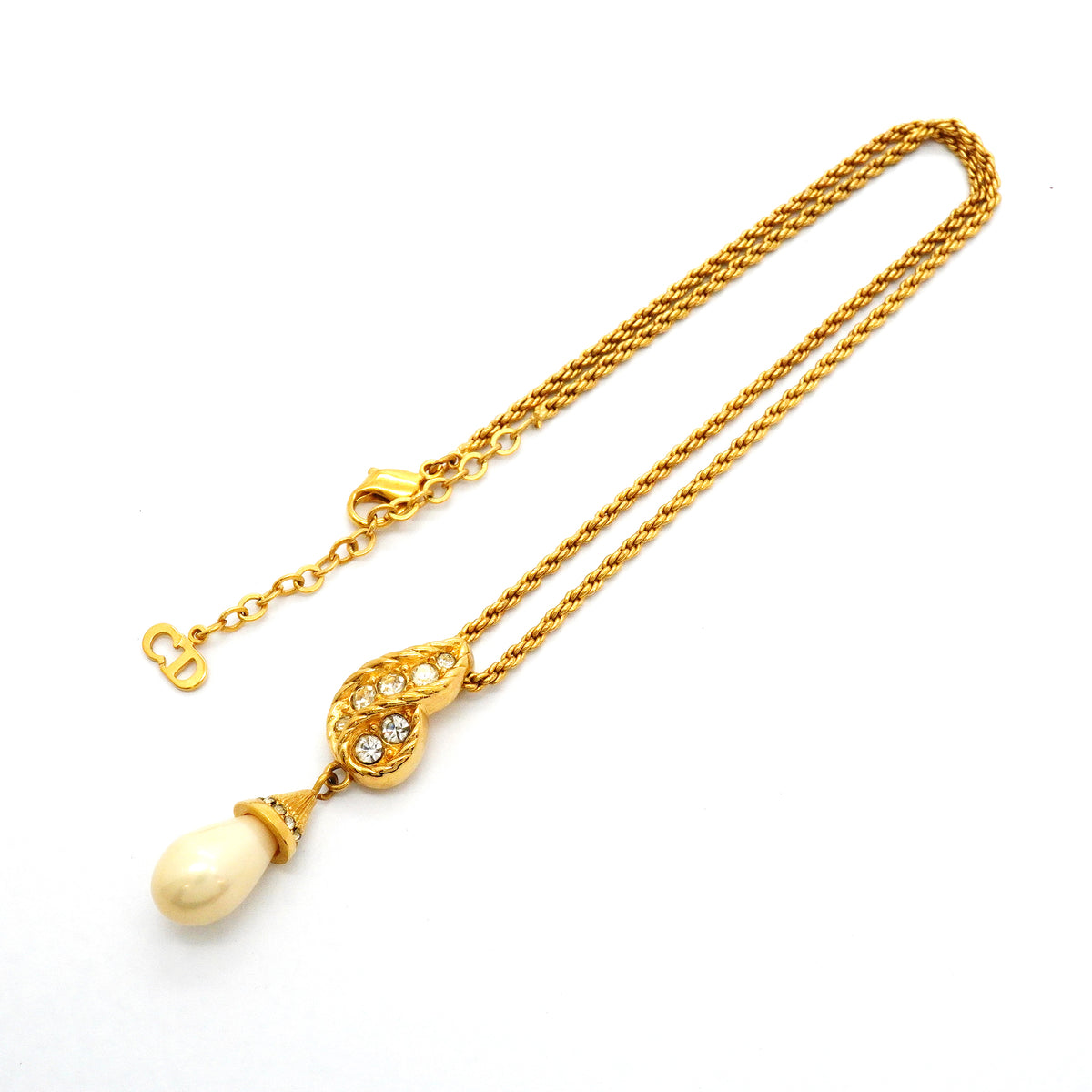 【6jib0081】クリスチャンディオール ネックレス GPメッキ フェイクパール ラインストーン ゴールド【中古】レディース