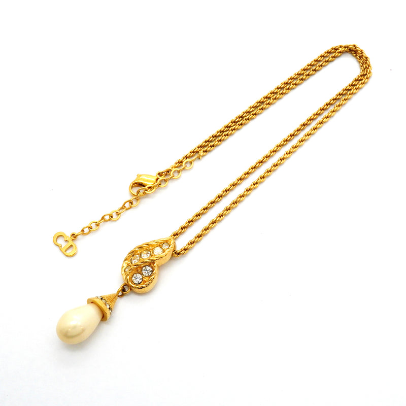 【6jib0081】クリスチャンディオール ネックレス GPメッキ フェイクパール ラインストーン ゴールド【中古】レディース