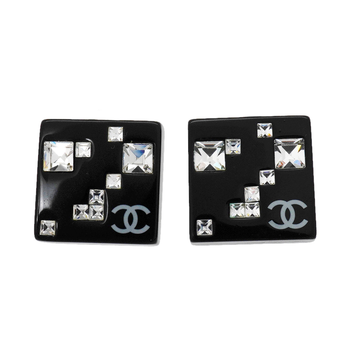【6jib0249】シャネル イヤリング ココマーク スクエア メタル ラインストーン シルバー ブラック【中古】レディース