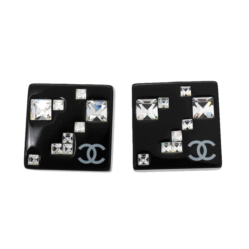 【6jib0249】シャネル イヤリング ココマーク スクエア メタル ラインストーン シルバー ブラック【中古】レディース