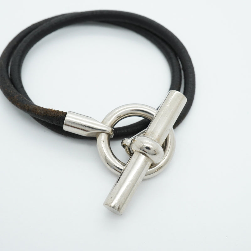 【6jib0451】エルメス ブレスレット グレナン/ドゥブルトゥール メタル レザー シルバー ブラック【中古】メンズ レディース ユニセックス