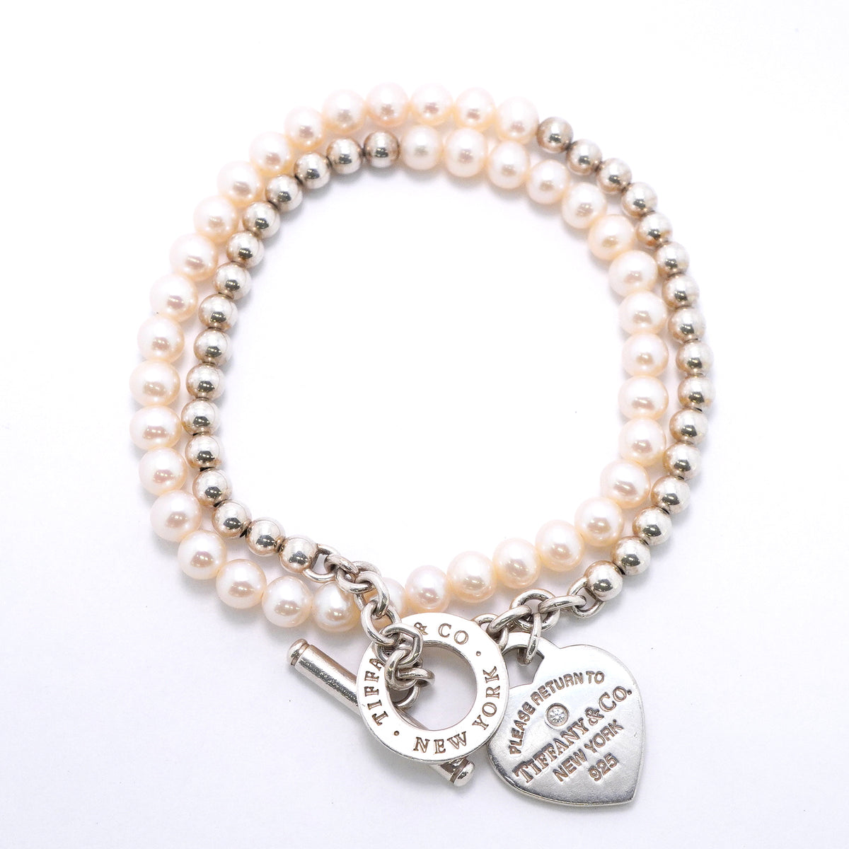 【6jkb0034】ティファニー ブレスレット リターントゥ/ラップ/ビーズ 1PD シルバー925 ダイヤモンド パール【中古】レディース