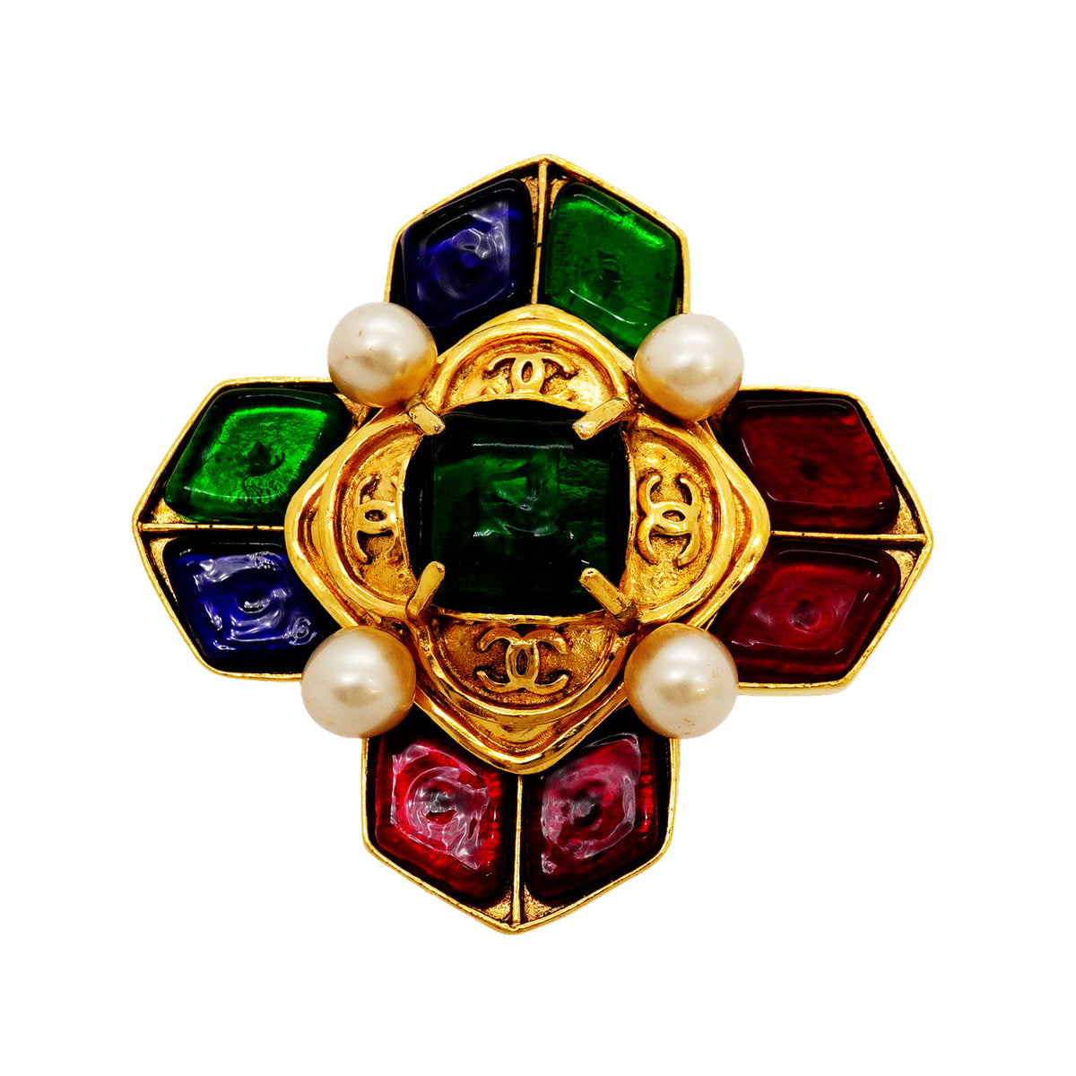 【6jkb0161】シャネル ブローチ ヴィンテージ ココマーク GPメッキ フェイクパール グリポア ゴールド マルチカラー【中古】レディース