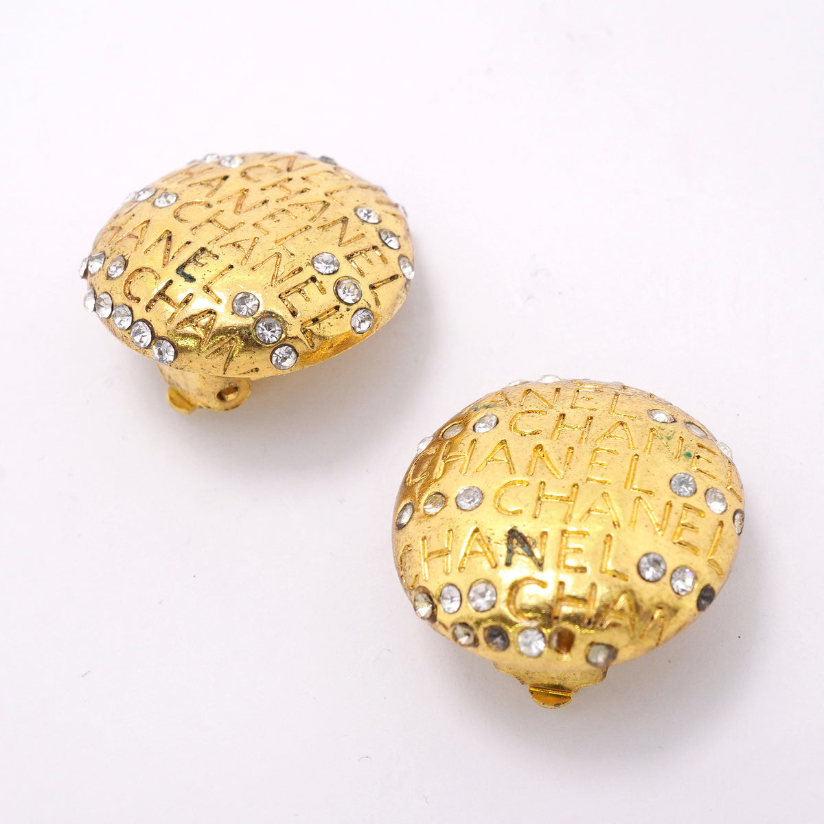 【6jkb0304】シャネル イヤリング ヴィンテージ シャネルロゴ 丸型 サークル GPメッキ ラインストーン ゴールド【中古】レディース