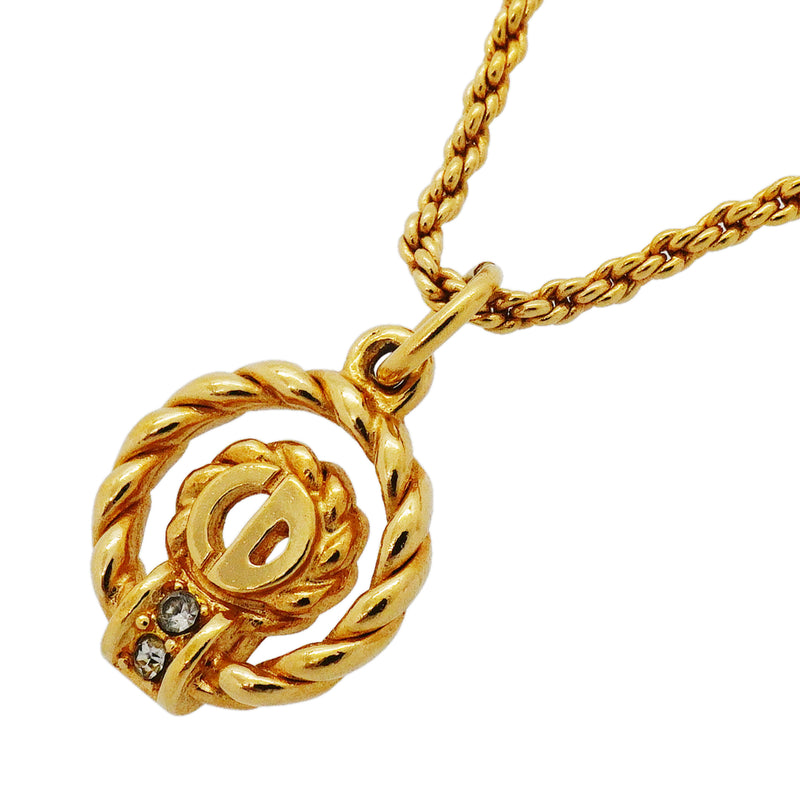 【6jkb0409】クリスチャンディオール ネックレス CDロゴ 丸型 サークル GPメッキ ラインストーン ゴールド【中古】レディース