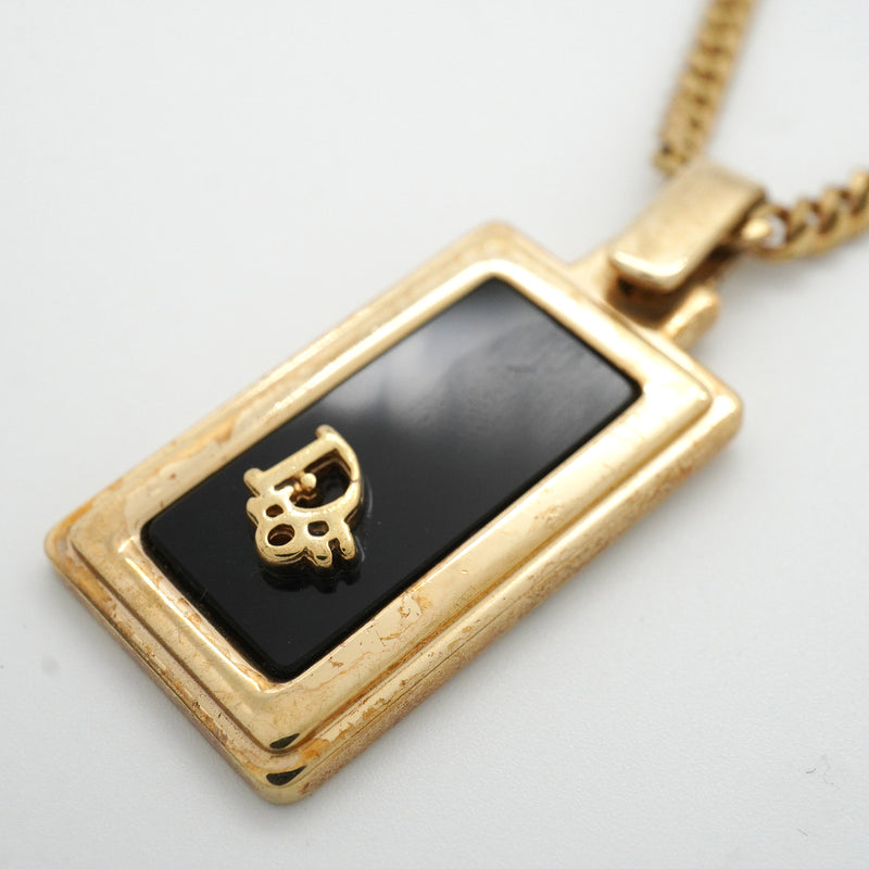 【6jkb0489】クリスチャンディオール ネックレス ディオールロゴ プレート スクエア GPメッキ ゴールド ブラック【中古】レディース