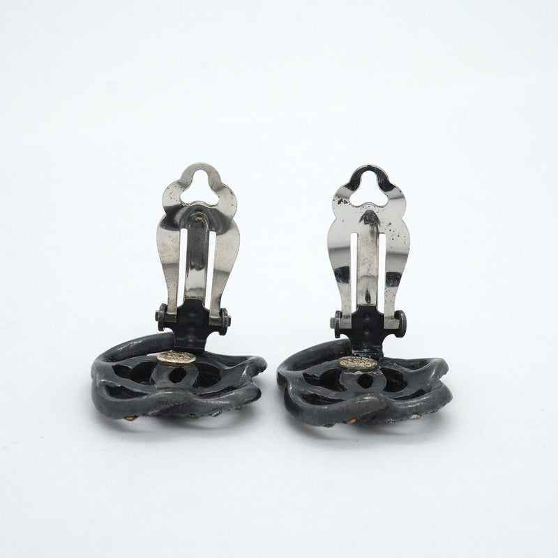 【6jkb0622】シャネル イヤリング ココマーク カメリア メタル ラインストーン シルバー ブラック【中古】レディース
