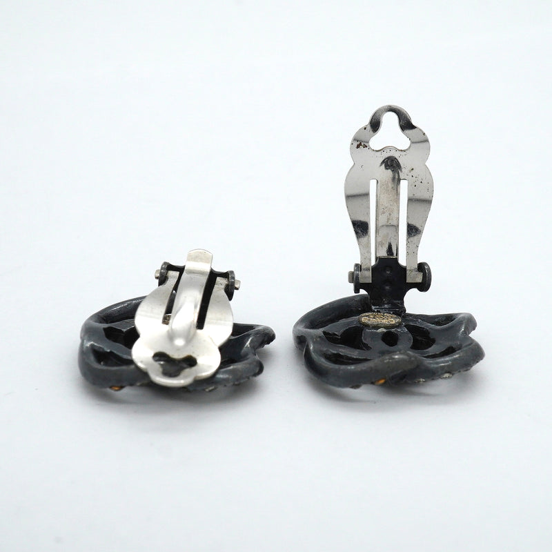 【6jkb0622】シャネル イヤリング ココマーク カメリア メタル ラインストーン シルバー ブラック【中古】レディース
