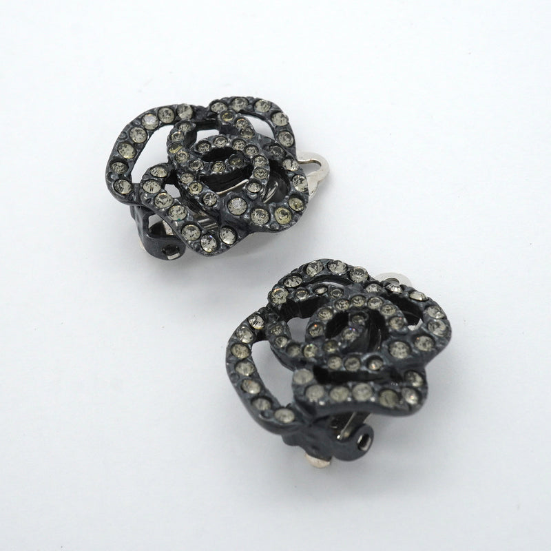 【6jkb0622】シャネル イヤリング ココマーク カメリア メタル ラインストーン シルバー ブラック【中古】レディース