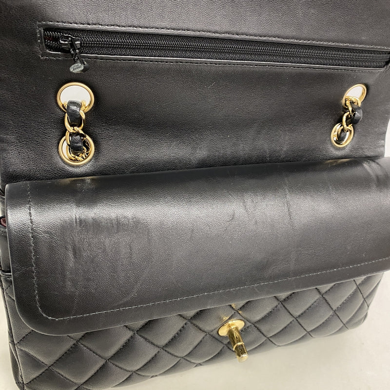 【6ka0021-h】シャネル ショルダーバッグ マトラッセ Wフラップ Wチェーン ラムスキン ブラック ゴールド金具【中古】レディース