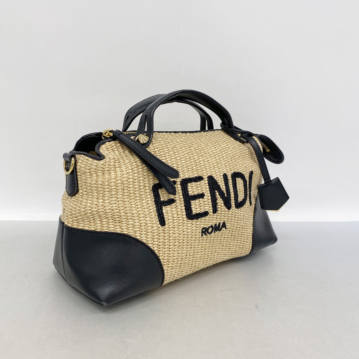 【6ka0194】フェンディ ハンドバッグ バイザウェイ ラフィア ベージュ ブラック ゴールド金具 2wayバッグ【中古】レディース
