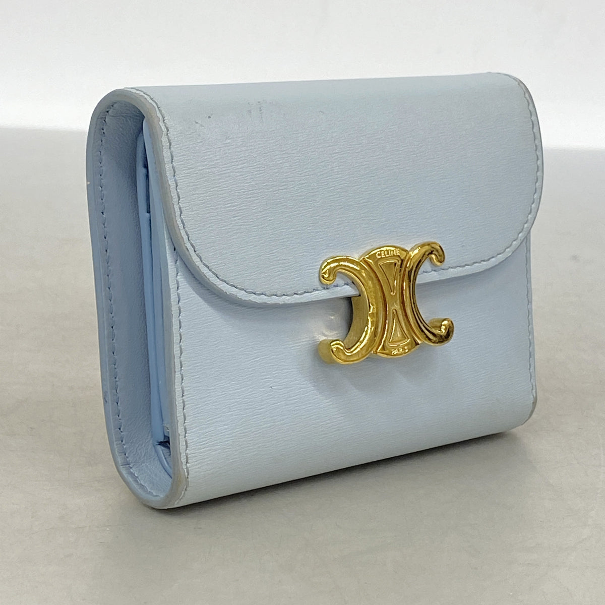 【6ka0196】セリーヌ 三つ折り財布 トリオンフ レザー ライトブルー ゴールド金具【中古】レディース