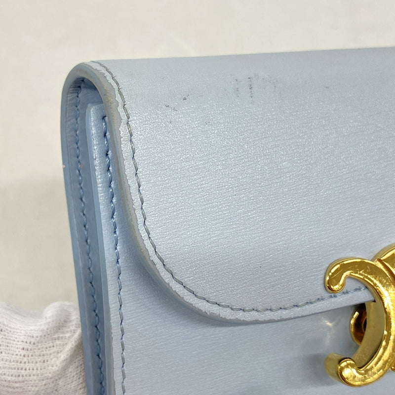 【6ka0196】セリーヌ 三つ折り財布 トリオンフ レザー ライトブルー ゴールド金具【中古】レディース