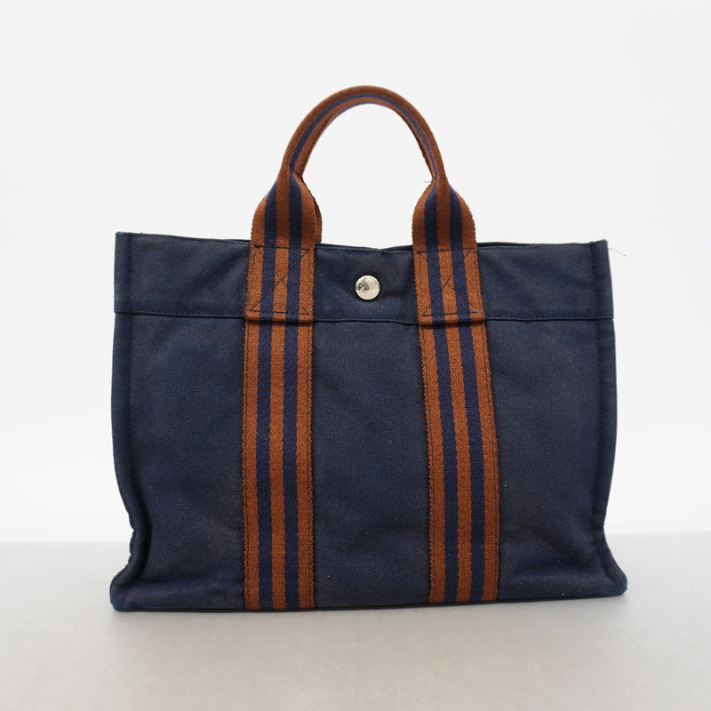 【6ka0219】エルメス トートバッグ フールトゥPM キャンバス ネイビー ブラウン シルバー金具【中古】メンズ レディース ユニセックス