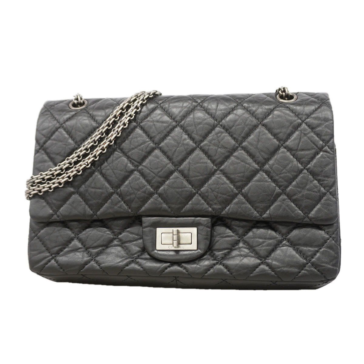 【6ka0263】シャネル ショルダーバッグ 2.55/マトラッセ Wフラップ Wチェーン マキシ レザー ブラック シルバー金具【中古】レディース