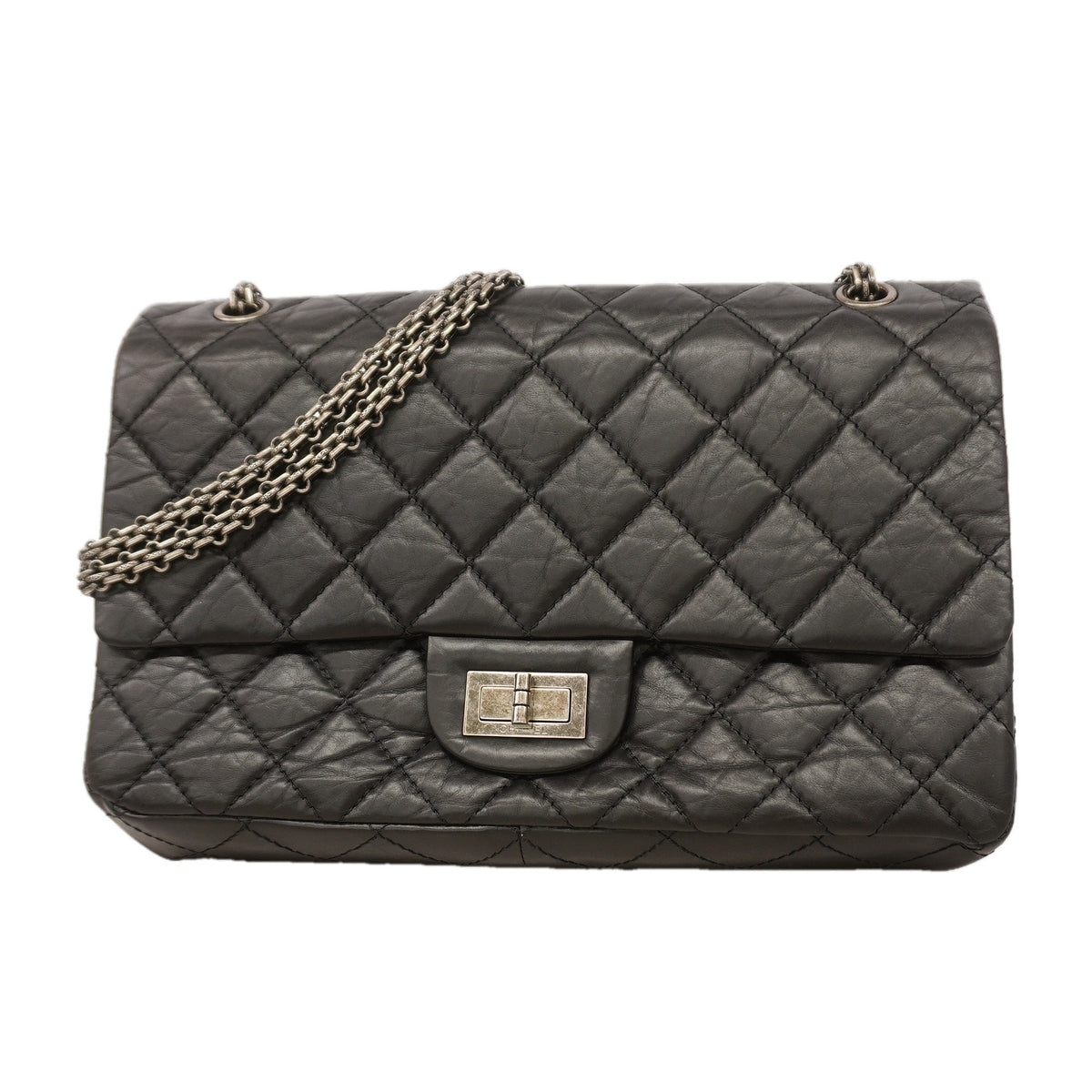 【6ka0279】シャネル ショルダーバッグ 2.55/マトラッセ Wフラップ Wチェーン マキシ レザー ブラック シルバー金具【中古】レディース