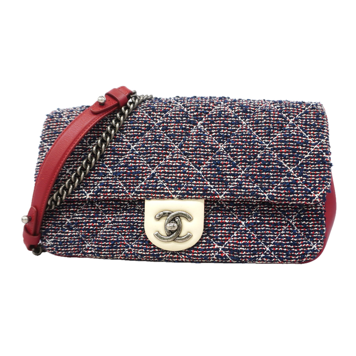 【6ka0466】シャネル ショルダーバッグ マトラッセ チェーンショルダー ツイード ネイビー レッド シルバー金具【中古】レディース