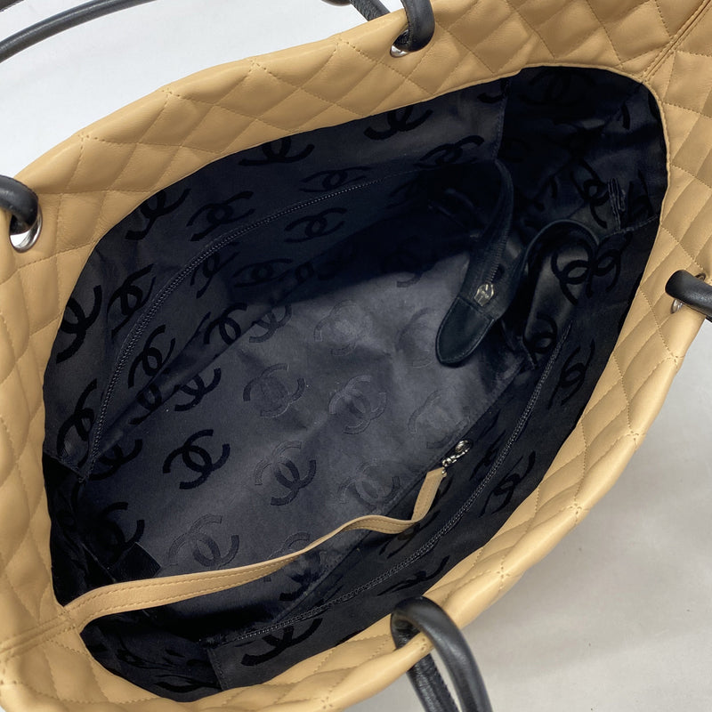 【6ka0614】シャネル トートバッグ カンボン ラムスキン ベージュ ブラック シルバー金具【中古】レディース