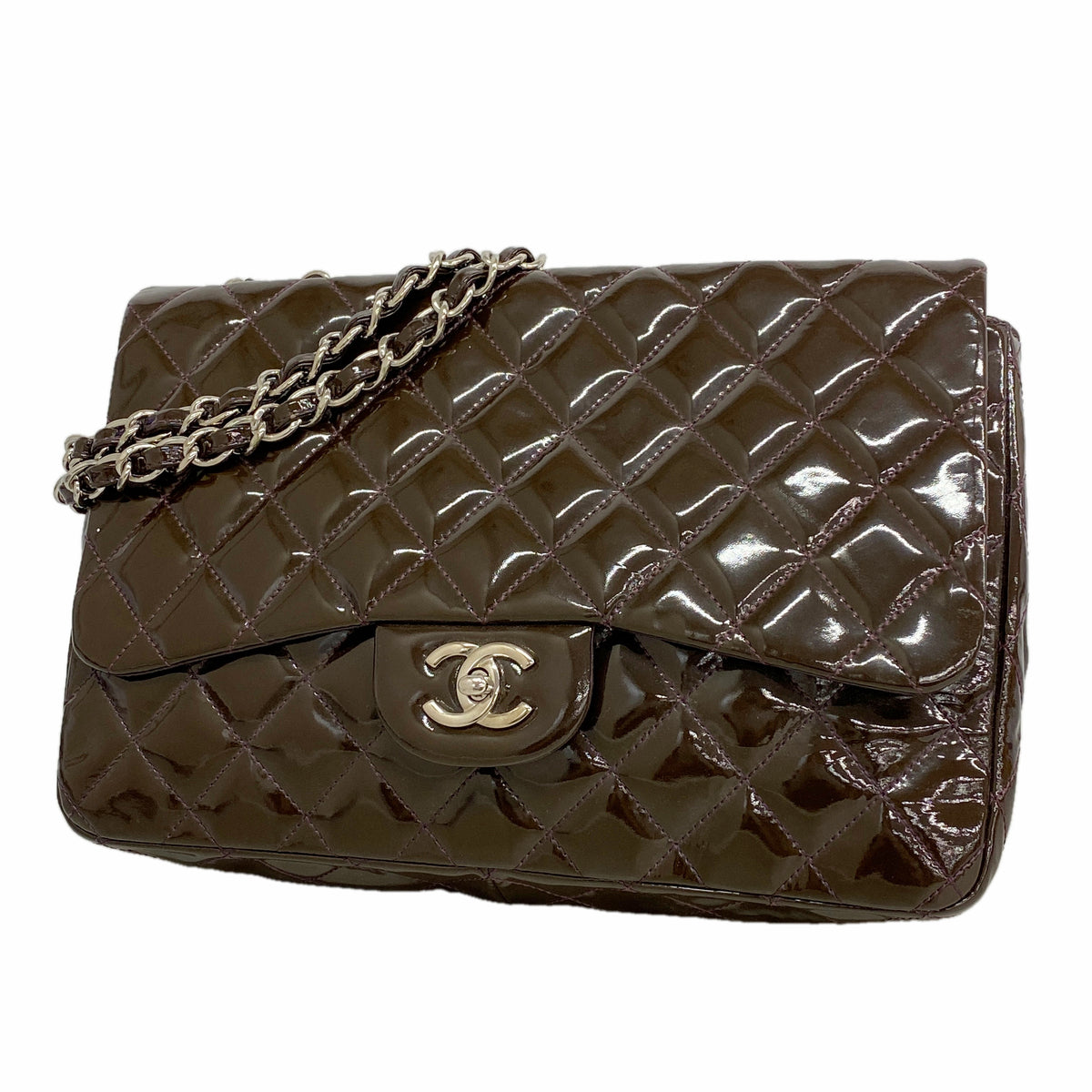 【6kb0662】シャネル ショルダーバッグ デカマトラッセ Wチェーン パテントレザー パープル シルバー金具【中古】レディース